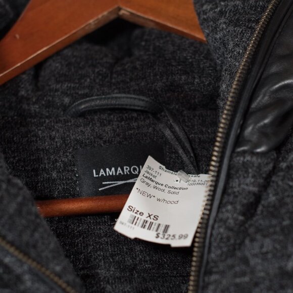 Lamarque Women's Size XS Black Gray Puffer Jacket Hooded Wool Leather Coat NWT - Picture 5 of 7